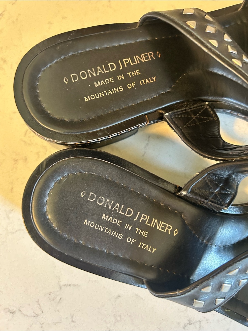 Donald J. Pliner Black Italian Leather Studded Double Strap Low Heel Sandals - Picture 6 of 16